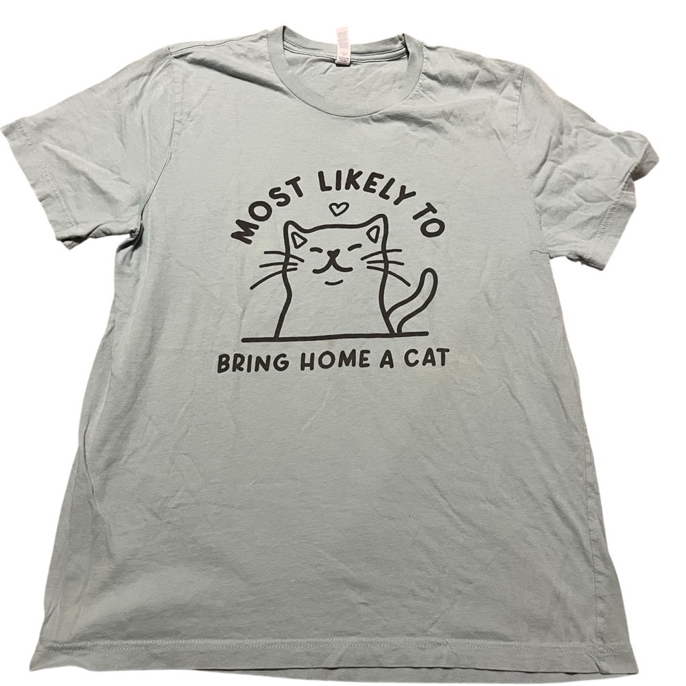 “Most Likely Bring Home Cat” Graphic T-Shirt Size Large Blue Gray Humor Kitten
